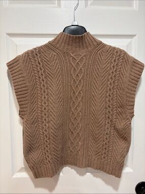 Pink Rose Cable Knit Sleeveless Turtleneck Sweater Vest - Brown
